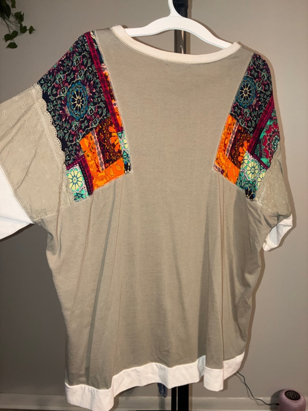 Relaxed Taupe/Green Short Sleeve Top with Orange Patchwork Accents - Picture 2 of 5